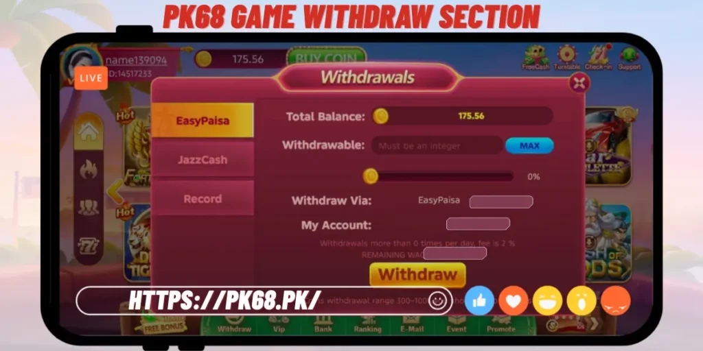 PK68 Game Withdraw Section