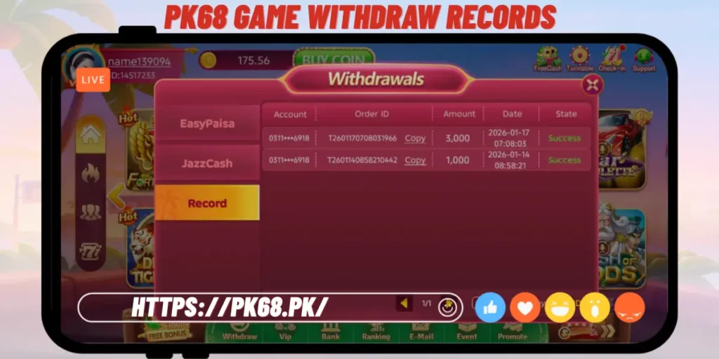 Pk68 game withdraw records